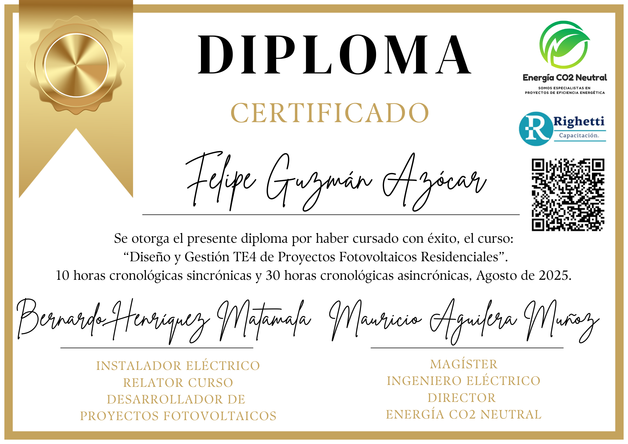 Certificado Curso Proyectos Fotovoltaicos Residenciales